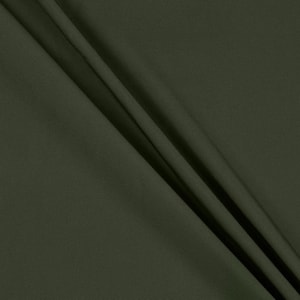 May include: Close-up of olive green fabric with diagonal folds. The fabric has a smooth texture and a matte finish. The folds create shadows and highlights, adding depth to the image. The color is a deep, muted green.