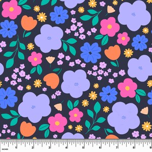 May include: A fabric with a repeating floral pattern. The design features large, stylized flowers in shades of purple, pink, blue, and orange, along with smaller yellow flowers and green leaves, set against a dark navy background. The pattern is measured in inches.