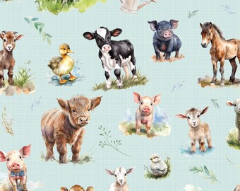 Tricot personnalisé en coton et élasthanne pour bébés animaux de la ferme. Vendu par incréments de 1/2 mètre