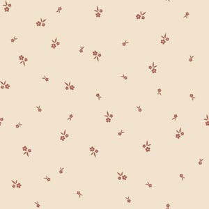 May include: A seamless pattern with small, scattered floral motifs in a muted reddish-brown shade set against a soft beige backdrop. The design incorporates clusters of tiny flowers and delicate leaves, forming a delicate, all-over print.