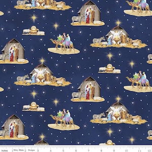 Riley Blake Come Let Us Adore Him Main Navy Quilting Cotton. Sold in 1/2 yard increments