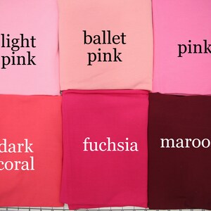 May include: Six fabric swatches in different shades of pink and red. The swatches are labeled "light pink", "ballet pink", "pink", "dark coral", "fuchsia", and "maroon".