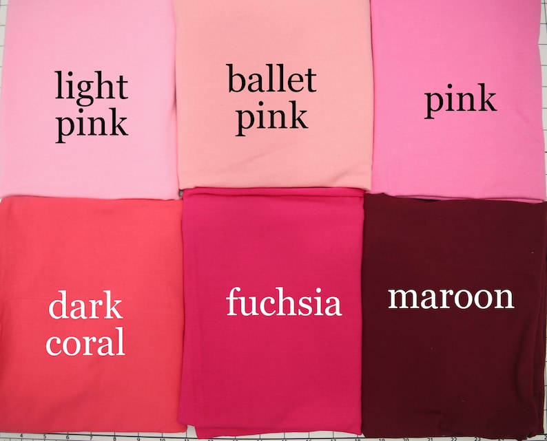 May include: Six fabric swatches in different shades of pink and red. The swatches are labeled "light pink", "ballet pink", "pink", "dark coral", "fuchsia", and "maroon".