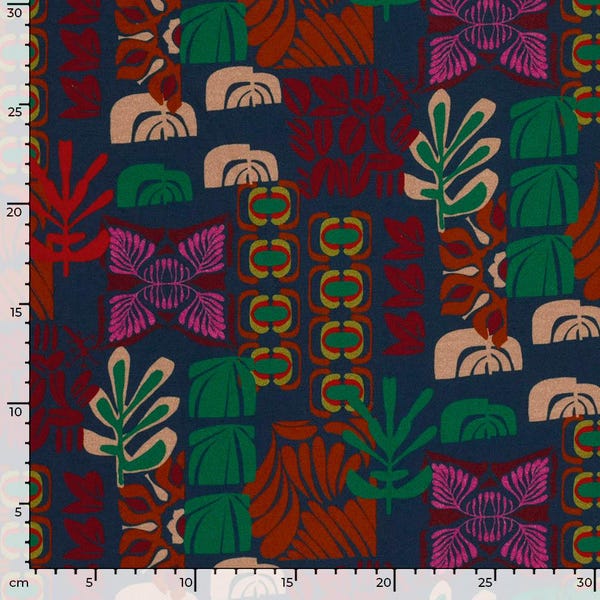 Geometric Floral on Blue French Terry. Pricing by the 1/2 yard