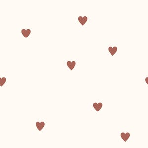 May include: A repeating pattern featuring small, solid, muted terracotta-colored heart shapes evenly spaced across a plain, off-white background. The hearts are oriented upright and are distributed in a simple, minimalist grid-like arrangement.