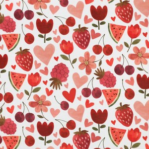 May include: A repeating pattern on a white background featuring red strawberries, watermelon slices, cherries, raspberries, red and pink flowers, and various sizes of red and pink hearts scattered throughout the design.