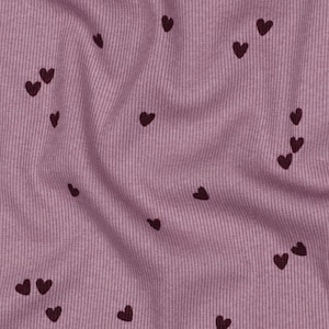 Scattered Hearts on Mauve Cotton Spandex Rib Knit. Pricing by the 1/2 yard