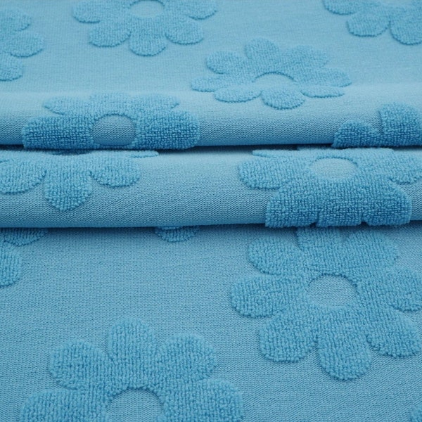 Aqua Jacquard Daisy Terry Knit. Sold by the 1/2 Yard