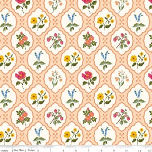 May include: Floral fabric with a repeating pattern of various flowers, including yellow, pink, and blue blooms, set against a cream background within a peach-colored trellis design. The fabric is measured in inches.