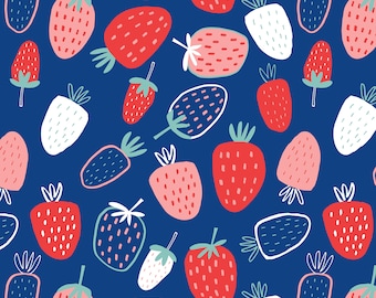 Fraises personnalisées sur Blue UV 50+ Swim. Vendu au 1/2 yard