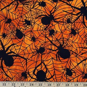 Halloween Spiders & Webs on Orange Quilting Cotton. Sold by the 1/2 yard