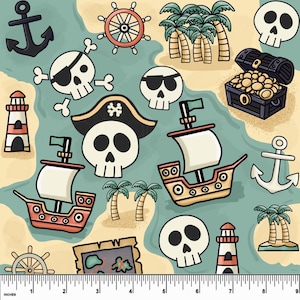 May include: A cartoon illustration featuring pirate-themed elements. The design includes skulls, pirate ships, treasure chests, anchors, palm trees, and a map. The color palette consists of beige, blue, red, and black. The image is measured in inches.