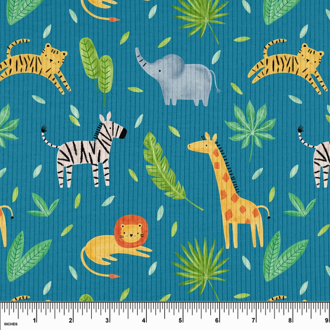 Custom Jungle Animals on Teal Rib Knit. Pricing by the 1/2 Yard - Etsy