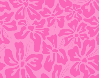 Tricot personnalisé en coton et élasthanne rose hibiscus floral. Prix à la 1/2 mètre