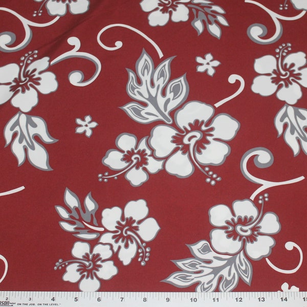 Swim Shop Hawaiian Floral on Burgundy Board Short Fabric. Sold by the 1/2 yard