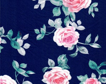 Rose Garden on Navy Double Brushed Poly. Sold in 1/2 Yard Increments