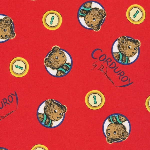 COTTON FABRIC Corduroy Bear with with Button in Red Organic Cotton. Sold by the 1/2 yard