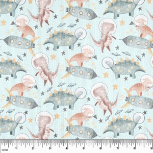 Custom Space Dinosaurs on Blue Cotton Spandex Rib Knit. Sold by the 1/2 Yard