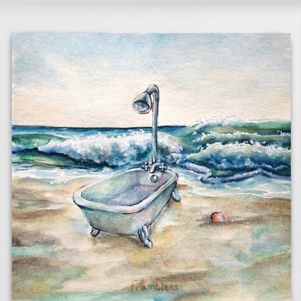 Beach-Side Bathtub - 4x4 Watercolor Art Print