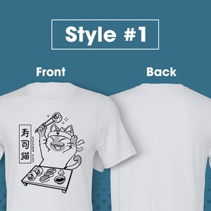 May include: White t-shirt with a black and white illustration of a cat wearing a headband and holding chopsticks with a sushi roll. The text "Sushi Cat" is written in Japanese on the shirt.