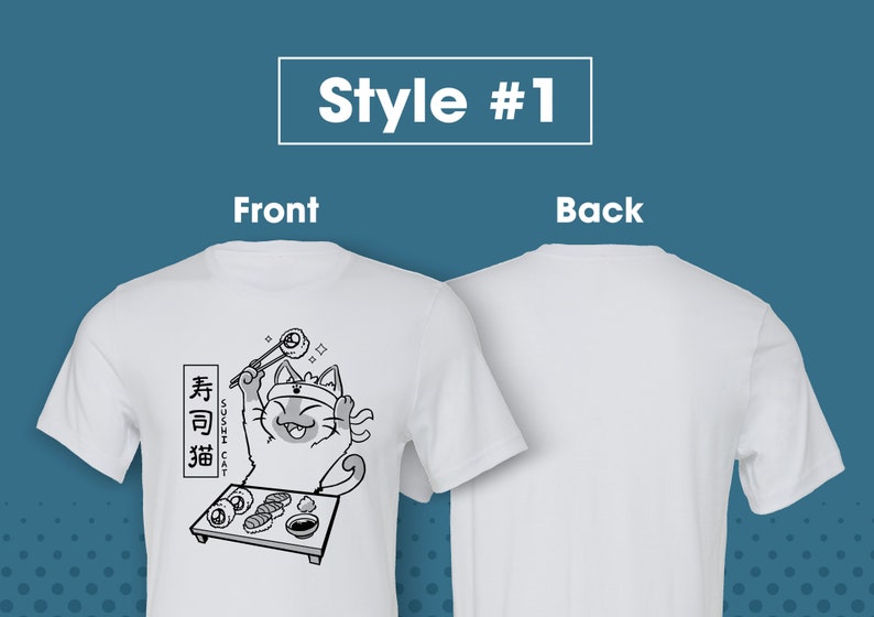 May include: White t-shirt with a black and white illustration of a cat wearing a headband and holding chopsticks with a sushi roll. The text "Sushi Cat" is written in Japanese on the shirt.