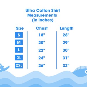 May include: A size chart for a cotton shirt showing the chest and length measurements in inches for sizes S, M, L, XL, and XXL.