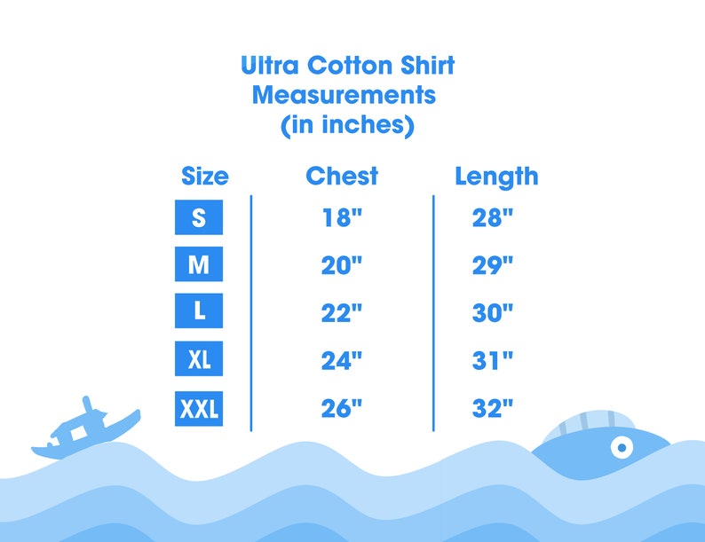May include: A size chart for a cotton shirt showing the chest and length measurements in inches for sizes S, M, L, XL, and XXL.