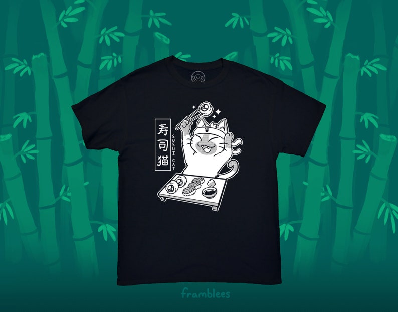 May include: Black t-shirt with a white graphic of a cat wearing a headband and holding chopsticks with a sushi roll. The text "Sushi Cat" and "寿司猫" are written in Japanese on the shirt.