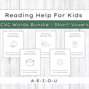 May include: A bundle of educational materials titled "Reading Help For Kids" and "CVC Words Bundle - Short Vowels." The materials include illustrations of a baseball cap, bed, pot, sun, and a girl. The letters A-E-I-O-U are at the bottom.