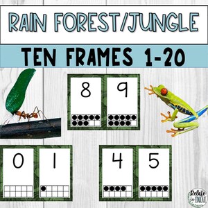 May include: Educational poster with the text "RAIN FOREST/JUNGLE TEN FRAMES 1-20". The poster features illustrations of a leaf-carrying ant, a green frog, and ten frames with numbers 0, 1, 4, 5, 8, and 9. The background is a white wood grain.