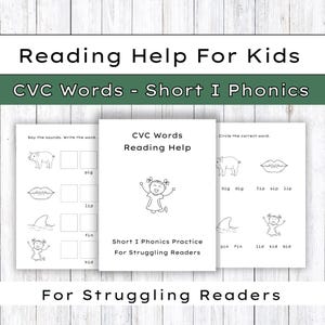 May include: Three white worksheets for kids' reading practice. The worksheets feature CVC words and short I phonics exercises. The text includes "Reading Help For Kids", "CVC Words - Short I Phonics", and "For Struggling Readers". Illustrations of a pig, lips, a fin, and a child are included.