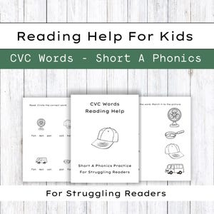May include: Three white booklets with black text on a wooden background. The booklets are titled "Reading Help For Kids" and "CVC Words - Short A Phonics". The booklets contain illustrations and exercises for struggling readers.