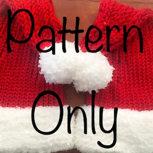 May include: Two red knitted Santa hats with white fur trim and pom-poms. The hats are displayed on a wooden surface. The text "Pattern Only" is superimposed on the image.