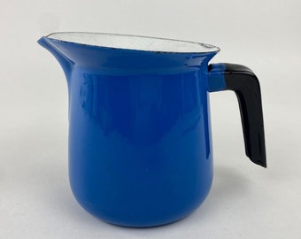 Enamelware Water Milk Pitcher Jug, Cobalt Blue with Black Handle, Metal Vase, Unbranded
