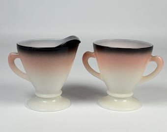 Jarra para crema y azucarero de platonita informal Hazel Atlas Ovide, rosa y negro.