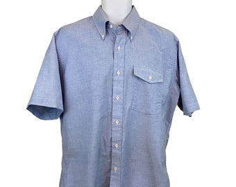 LL Bean Button Front Shirt Size 16 1/2, Short Sleeve, Blue, Made in USA