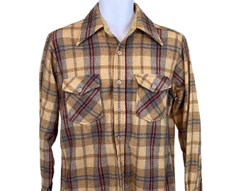 John Wanamaker Wool Blend Shirt Mens M, Brown Plaid, Button Up, Long Sleeve