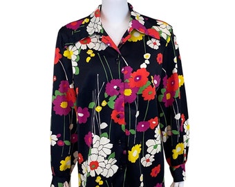 1970s Handmade Shirt, Floral Mod Blouse, Button Front, Pointy Collar, Womens Size L / XL