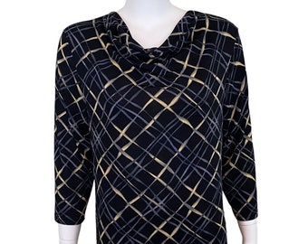 Camicia Claudia Richard a tunica da donna, taglia M, manica a 3/4, collo drappeggiato, stampa geometrica