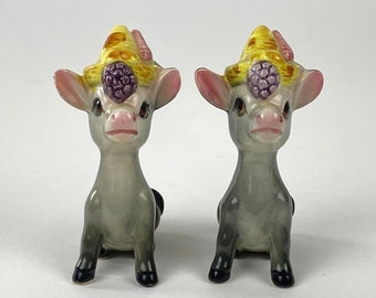 Donkeys in Hats Salt and Pepper Shakers, Ceramic, Gray, Original Stoppers