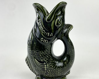 Plymouth Gin Gurgle Kabeljau-Fisch-Krug-Vase, Keramik, grün, hergestellt in Devon Dartmouth England