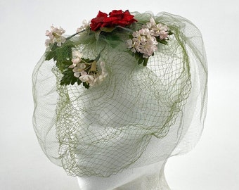 Fascinator Headpiece Hat, Green Floral Mesh Face Netting, Union Label Made in USA