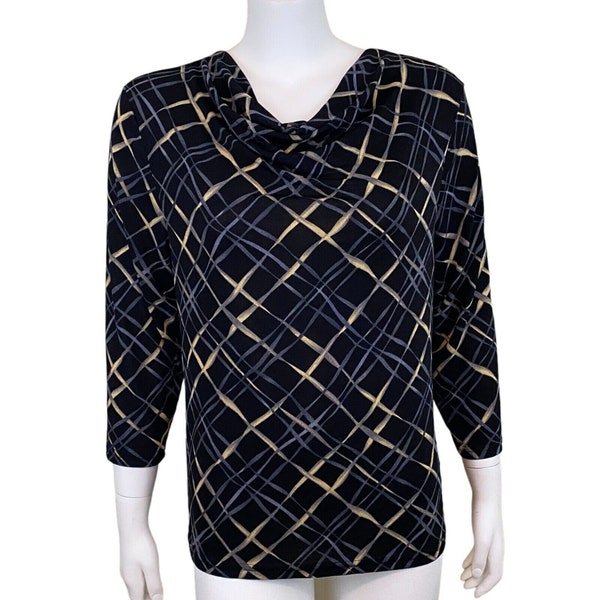 Claudia Richard Tunic Top Shirt Womens SIze M, 3/4 Sleeve, Drape Neck, Geometric Print