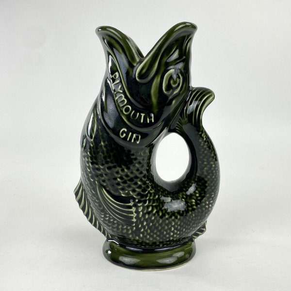 Plymouth Gin Gurgle Cod Fish Pitcher Vase, Ceramic, Green, Made in Devon Dartmouth England
