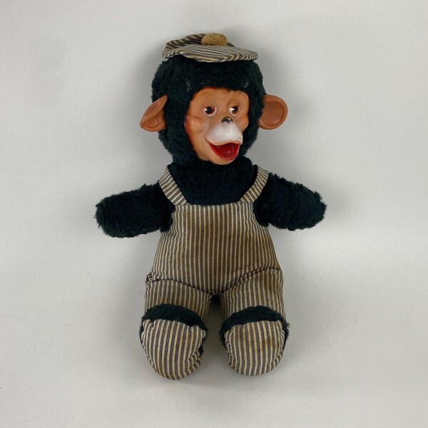 Rubber Face Monkey Plush, Zip the Chimp Stuffed Animal, Striped Overalls