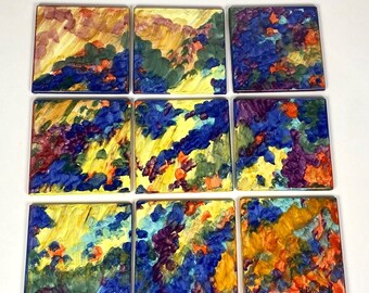 Juego de 9 azulejos de cerámica italianos pintados a mano por Grazia Deruta, 1998, firmados por el artista