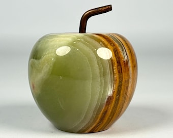 Vintage Polished Marble Onyx Apple Paperweight with Metal Stem