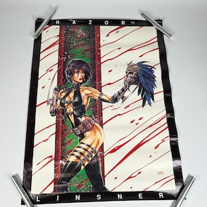 May include: A rectangular poster featuring a comic book character named Razor with short black hair, wearing a black bodysuit and holding a skull adorned with blue feathers. The background has red paint splatters on a white field with black borders.