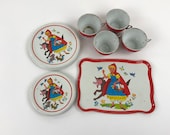 Little Red Riding Hood Metal Tin Litho Tea Set, Ohio Art Fairy Tale Tea Set Toy, 13 Pieces Cups Saucers Plates and Tray