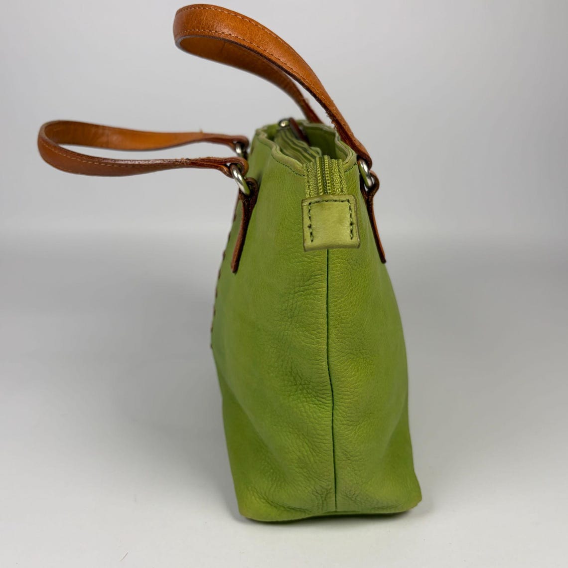Y2K Fossil Genuine Leather Green Handbag Purse Shoulder Bag, Brown Handles, foto 2 di 5